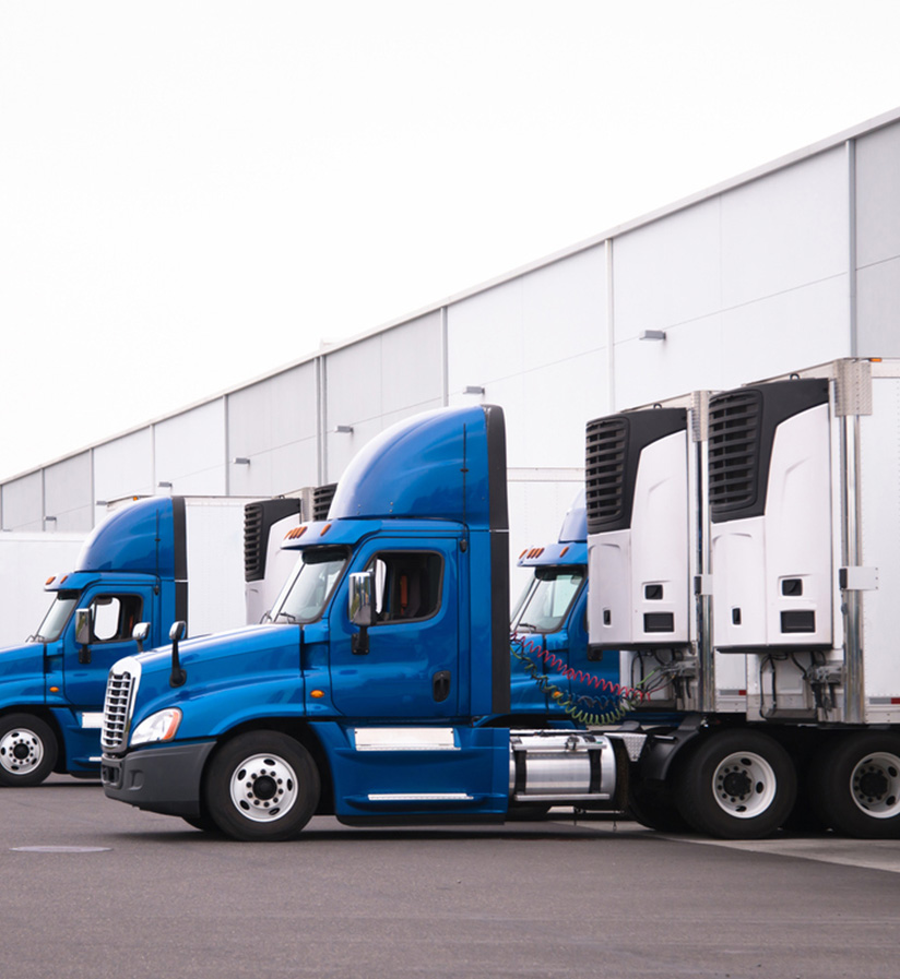 Blue semi trucks parked at a warehouse loading dock.